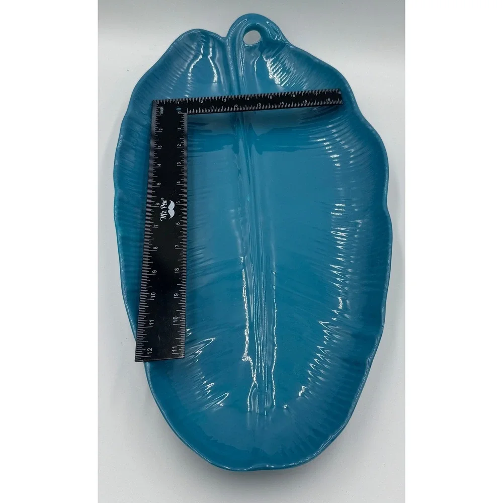 Teal Blue Leaf Shaped‎ Serving Tray Dish with Hanging Hole Melamine 20 Inch